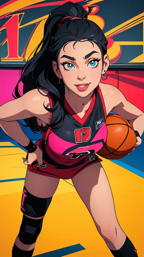 Avant-garde pop art, (((Standing on the basketball court))), amazing, best quality, vector art, stylish design, ((The most beautiful girl ever)), (((Best quality))), HDR, ((Details)), ((Masterpiece)), ((Super detailed)), ((Looking sideways, looking at the ...