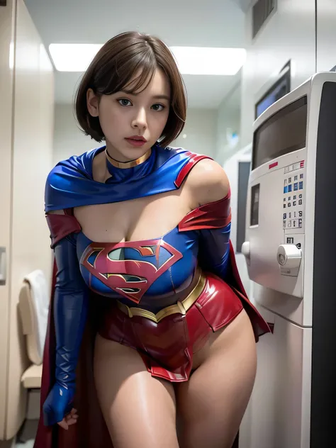 masterpiece、Latex Supergirl Costume、off shoulder、Ultra short hair、Moist Body、 Shiny Sweaty Skin 、face to face、choker、Provocative cleavage 、 Long Sleeve、cloak、Glamorous bare legs、Close up shot of a young slutty supergirl sneaking in front of a medical machi...