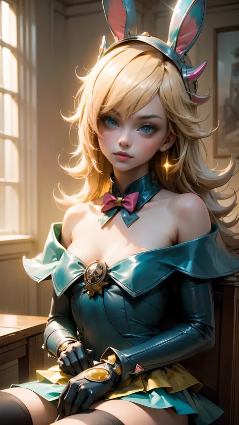 masterpiece, best quality, extremely detailed CG unity 8k wallpaper, (Upper Body head close-up shot of a beautiful ), Wendy, Elegant Long straight blonde hair, ((Mckenna Grace)), (((flat chest))), ((pink-Cyan)) golden ((Glittering tutu,long Bunny Ear Headg...