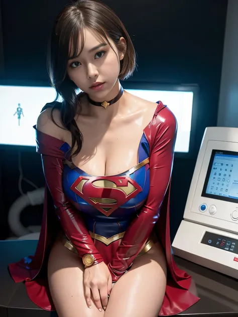 masterpiece、Latex Supergirl Costume、off shoulder、Ultra short hair、Moist Body、 Shiny Sweaty Skin 、face to face、choker、Provocative cleavage 、 Long Sleeve、cloak、Glamorous bare legs、Close up shot of a young slutty supergirl sitting in front of a medical machin...