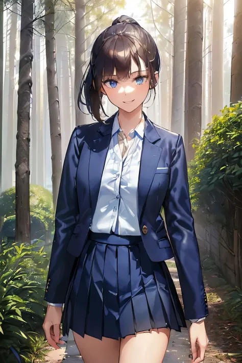 ((best quality)), ((masterpiece)), ((detailed)), (((perfect face))), (((slender 18yo girl))), ((((navy blue jacket, white button shirt)))), ((((dark blue pleated skirt)))), ((dark brown hair)), ((short ponytail)), (((blue eyes))), ((happy)), ((smiling)), (...