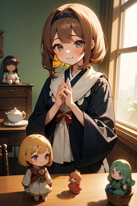 Highest quality、Hi-Res、(high image quality:1.4)、masterpiece、detailed background、highly detailed face、(detailed eyes:1.3)、age beauty、(Normal number of fingers:1.3)、anatomically correct、Bright-colored hair、 braided bob cut 、doll&#39; s Festival 、A room where...