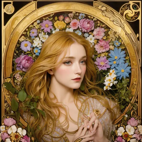 masterpiece,  art deco ,  portrait of a European woman's face, long curly hair, blond with a big face, flowerのフレーム, Decorative panel,  Alphonse Mucha (masterpiece, Highest quality, Hi-Res: 1.4), exhaustive, 複雑なexhaustive, 4K, color splash, flower