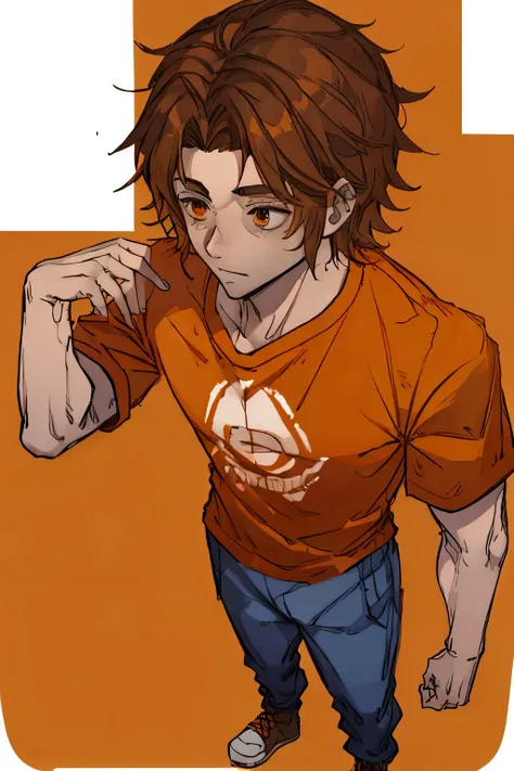 ugly man, thin, corps inteiro, orange t-shirt, orange pants, brown hair