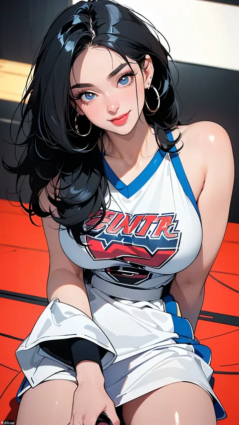 Avant-garde pop art, (((Standing on the basketball court))), amazing, best quality, vector art, stylish design, ((The most beautiful girl ever)), (((Best quality))), HDR, ((Details)), ((Masterpiece)), ((Super detailed)), ((Looking sideways, looking at the ...