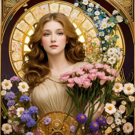 masterpiece,  art deco ,  portrait of a European woman's face, long curly hair, blond with a big face, flowerのフレーム, Decorative panel,  Alphonse Mucha (masterpiece, Highest quality, Hi-Res: 1.4), exhaustive, 複雑なexhaustive, 4K, color splash, flower