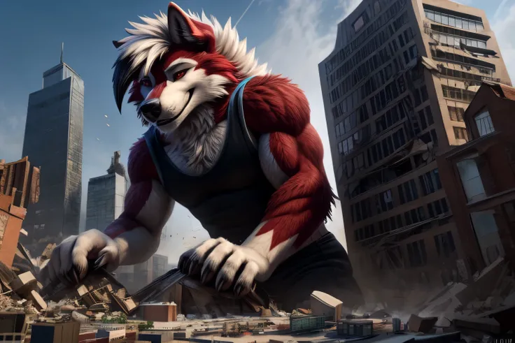 by holt-odium, (furry male, wolf, wolf boy, midnight_lycanroc_illust, red_fur, red_eyes, macro, smug grin, from below, leaning on object, leaning forward, black shorts, white tanktop), (city, destruction, building destruction), (masterpiece, amazing qualit...