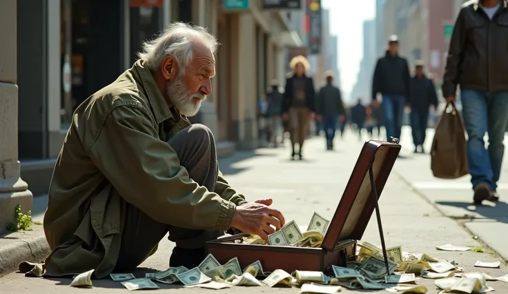 An American homeless war veteran sits on the city sidewalk in broad daylight, his weathered face filled with shock and disbelief. His tattered military jacket hangs loosely over his thin frame, and his unkempt beard shows the hardships he's endured. In his...