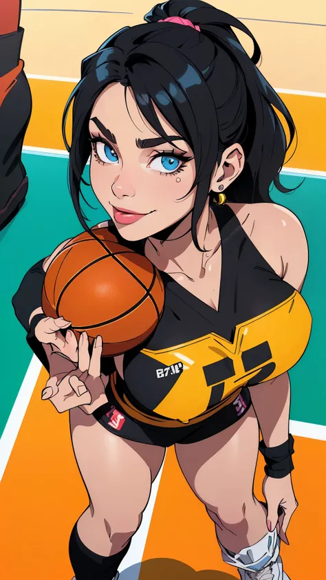 Avant-garde pop art, (((Standing on the basketball court))), amazing, best quality, vector art, stylish design, ((The most beautiful girl ever)), (((Best quality))), HDR, ((Details)), ((Masterpiece)), ((Super detailed)), ((Looking sideways, looking at the ...