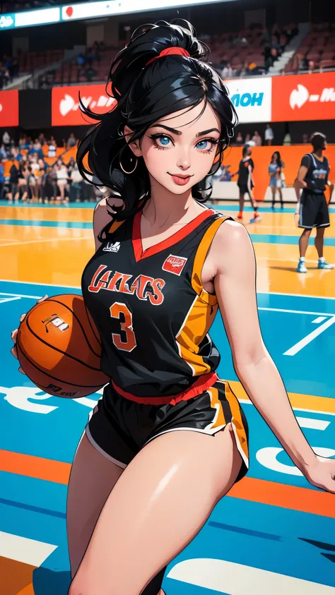 Avant-garde pop art, (((Standing on the basketball court))), amazing, best quality, vector art, stylish design, ((The most beautiful girl ever)), (((Best quality))), HDR, ((Details)), ((Masterpiece)), ((Super detailed)), ((Looking sideways, looking at the ...