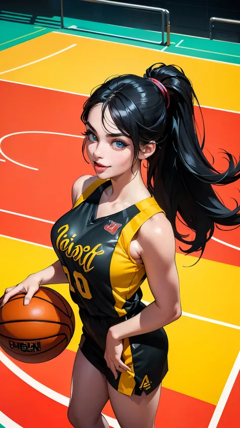 Avant-garde pop art, (((Standing on the basketball court))), amazing, best quality, vector art, stylish design, ((The most beautiful girl ever)), (((Best quality))), HDR, ((Details)), ((Masterpiece)), ((Super detailed)), ((Looking sideways, looking at the ...