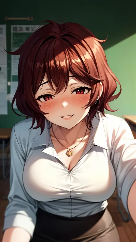 （Ultra High Quality,super high definition,16k,super masterpiece,Ultra HD ,detailed shading and background,）NSFW,one woman looks up,胸の谷間,necklaces, Sexy White Shirts,Pencil Skirt,blush,smile,Thick lips, evening classroom ,