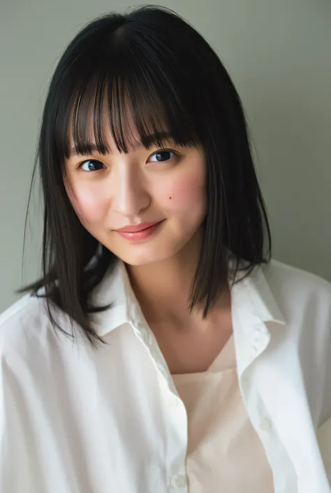 ((( High Resolution , top quality, very detailed, masterpiece , Extremely Detailed Photos , realistic , real people , ultra-detailed skin))) , by the room , ( from front ) , upper body , advanced shot , viewers , ( giggle face ) , black hair , medium ...