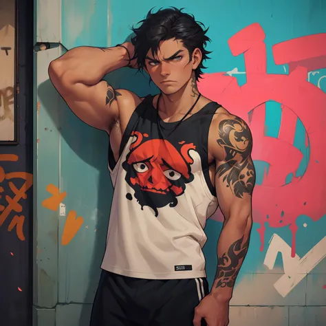 young Mexican guy, tan skin, grunge graffiti scene, light body hair, covered in tattoos, game pose, ((athletic small)), badass, bad attitude, scowling, ((he is solo)), ((he is alone)), white street clothing