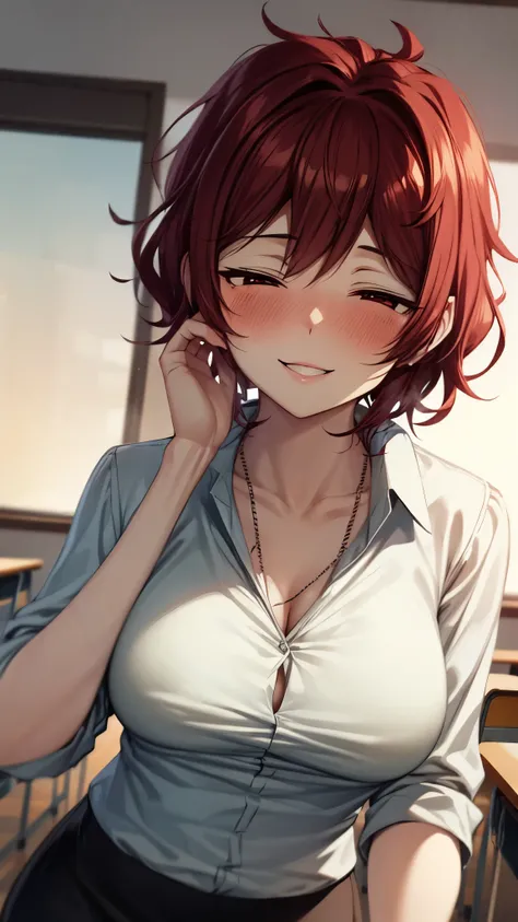 （Ultra High Quality,super high definition,16k,super masterpiece,Ultra HD ,detailed shading and background,）NSFW,One older sister is looking up,胸の谷間,necklaces, Sexy White Shirts,Pencil Skirt,blush,smile,Thick lips, evening classroom ,Place one hand on your ...