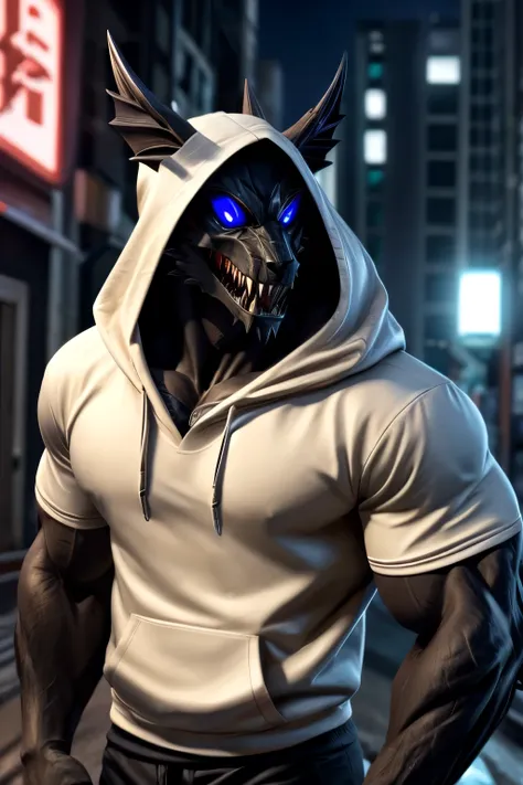 Blue eyes, sharp teeth, muscular, has a bony tail, black hands with long claws, four eyes, wears street clothes, anime, handsome in shirt hoodie