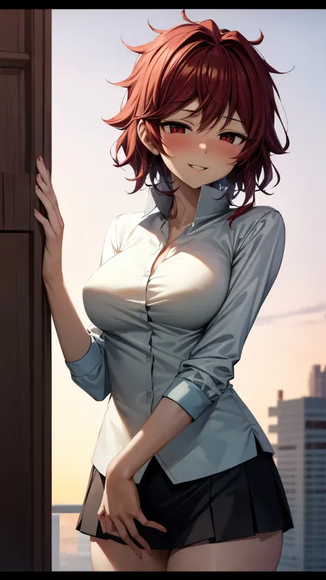 （Ultra High Quality,super high definition,16k,super masterpiece,Ultra HD ,detailed shading and background,）NSFW,taken from below,one girl,胸の谷間, Sexy White Shirts,lattice pattern mini skirt,blush,smile,Thick lips, rooftop in the evening,Place one hand on th...