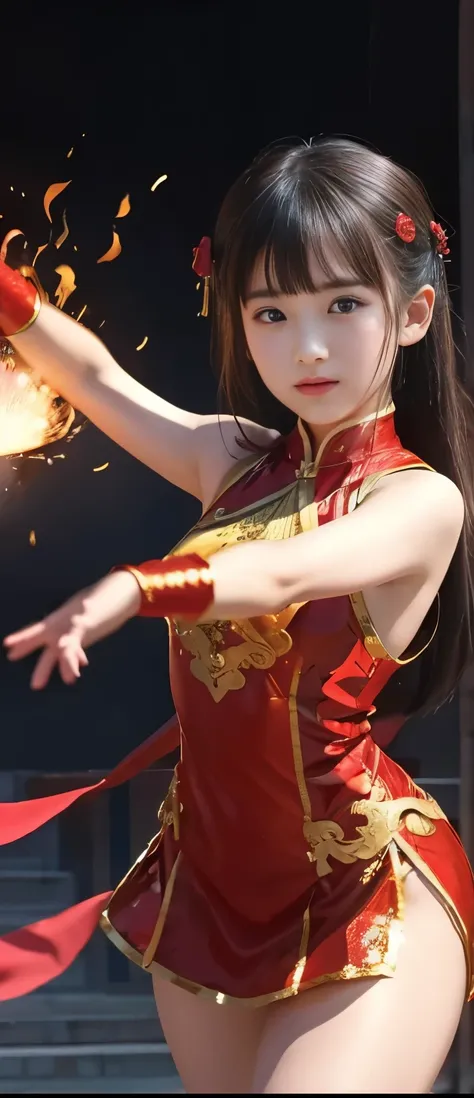 pure kung fu idol girl 、A pure girl's face、 hypo、、shiny red and gold sequin mini china dress、、Fire spear emitting light、 kung fu pose