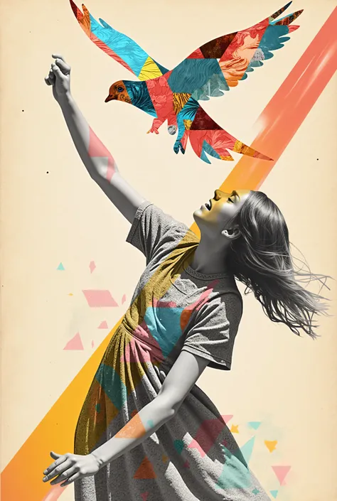an illustration of a girl releasing a dove rendered in stark black and white, inspired by Diego Rivera, with a double exposure of colorful geometric  patterns inspired by Eduardo Kobra's muralism technique, peaceful serene expression, dramatic contrast, st...