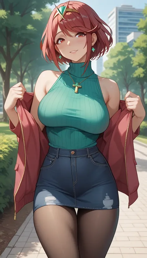  score_9,  score_8_up,  score_7_up,  source_ anime、Highest quality、8k、 masterpiece、super high definition、natural light、perfect anatomy、one woman、saggy breasts、glamorous physique、Pyra 、 cute face、(tight sleeveless rib knit sweater、 high neck)、denim micro sk...