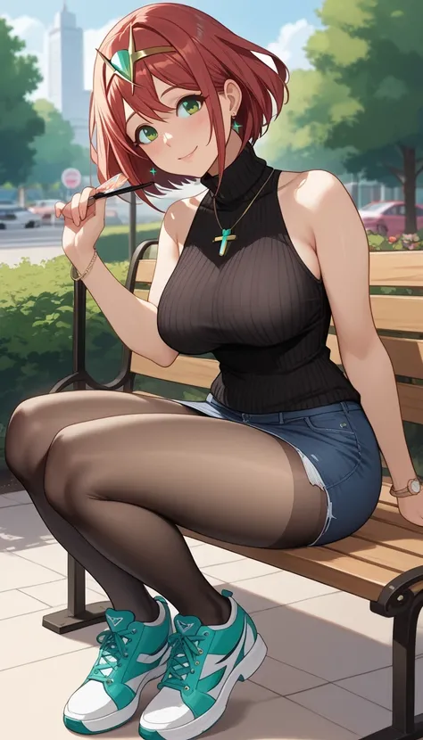  score_9,  score_8_up,  score_7_up,  source_ anime、Highest quality、8k、 masterpiece、super high definition、natural light、perfect anatomy、one woman、saggy breasts、glamorous physique、Pyra 、 cute face、(tight sleeveless rib knit sweater、 high neck)、denim micro sk...