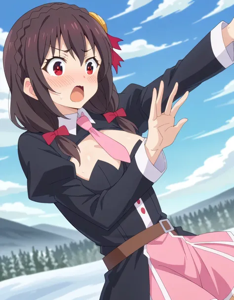 high image quality,high quality、 
Yunyun、 black hair, HAIR ACCESSORY, red eyes,   Long Sleeve, tie,   Outfit Cutout, cleavage cutout, pink tie、(pink muffler)、Snowfield、(snowball fight)、(blush)、I'm in a hurry 、and viewed obliquely from the side、Throwing sno...