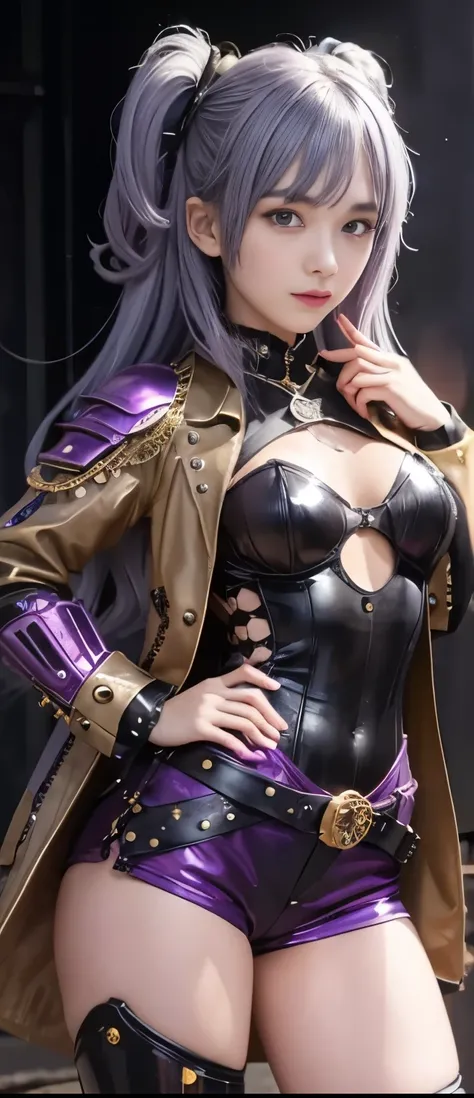 Cool Steampunk Idol Girl（Purple and Grey Hair）、A pure girl's face、 hypo、、Black Sequin Armor Tight Shorts、Gold Steampunk Jacket、Glowing Spygun