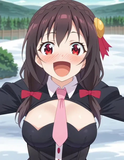 high image quality,high quality、 
Yunyun、 black hair, HAIR ACCESSORY, red eyes,   Long Sleeve, tie,   Outfit Cutout, cleavage cutout, pink tie、pink muffler、Snowfield、(snowball fight)、(blush:1.2)、(big smile)、See viewer、(Open Your Mouth and Laugh:1.2)