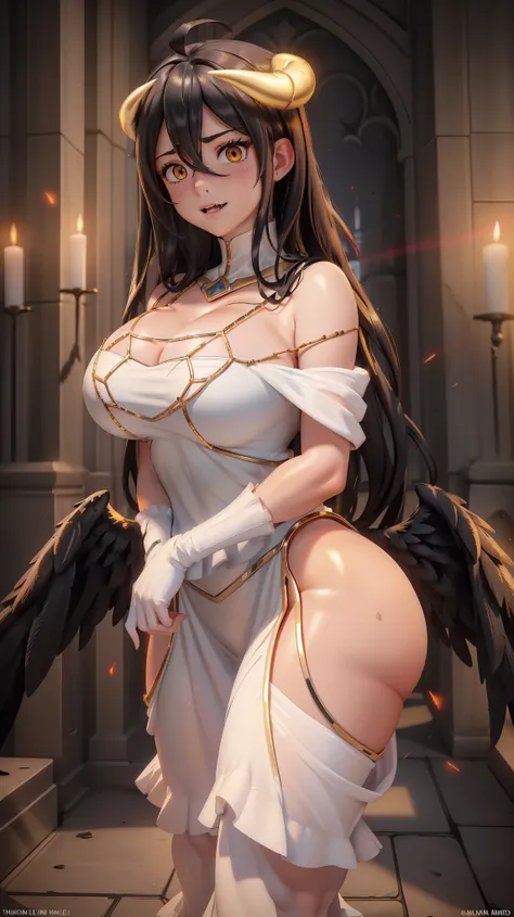 (((Top Quality))), ((Masterpiece)), ((Art)), (RAW Photo), (Shiny Skin), (Thick Thighs:1.3), (Vibrant Color:1.3), Ultra HD, High Resolution, Very High Resolution, Complex Grieble Pieces, White Color Theme, Long Black Hair, Golden Eyes, Slit Pupils, Body Foc...