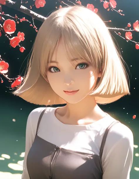1girl, sayla mass, gundam, year 2016, upper body, green park, plum blossoms, casual clothes, masterpiece, high score, great score, absurdres, 16k, super detail