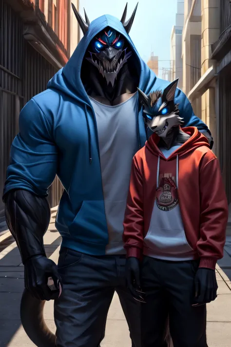 Blue eyes, sharp teeth, muscular, has a bony tail, black hands with long claws, four eyes, wears street clothes, anime, handsome in shirt hoodie, size difference