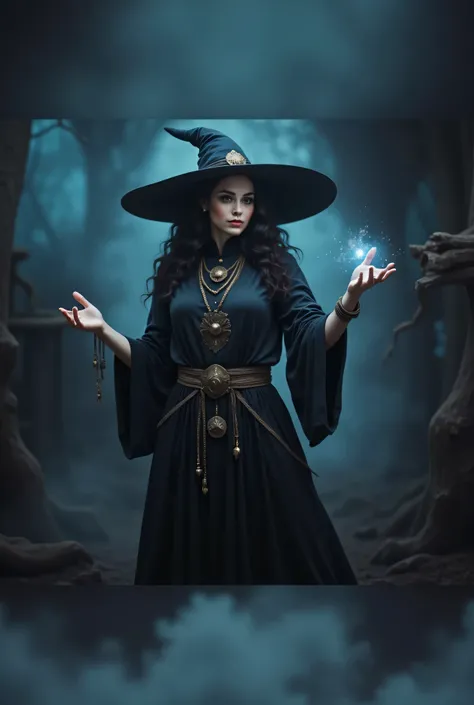 a fantasy witch 25 year old girl with studio background, looking toward viewers she had a black long cap, and waving her hand in air to do a magic 