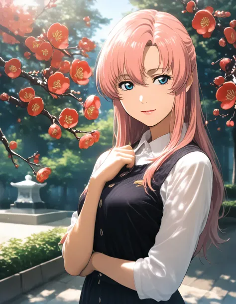 1girl, lacus clyne, gundam, year 2016, upper body, green park, plum blossoms, casual clothes, masterpiece, high score, great score, absurdres, 16k, super detail