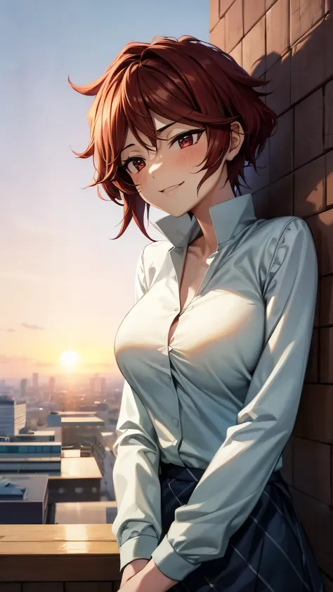 （Ultra High Quality,super high definition,16k,super masterpiece,Ultra HD ,detailed shading and background,） upper body shot from below, one woman,white shirt,胸の谷間,lattice pattern mini skirt,blush,smile,Rooftop with a sunset view,Leaning forward greatly,Pla...