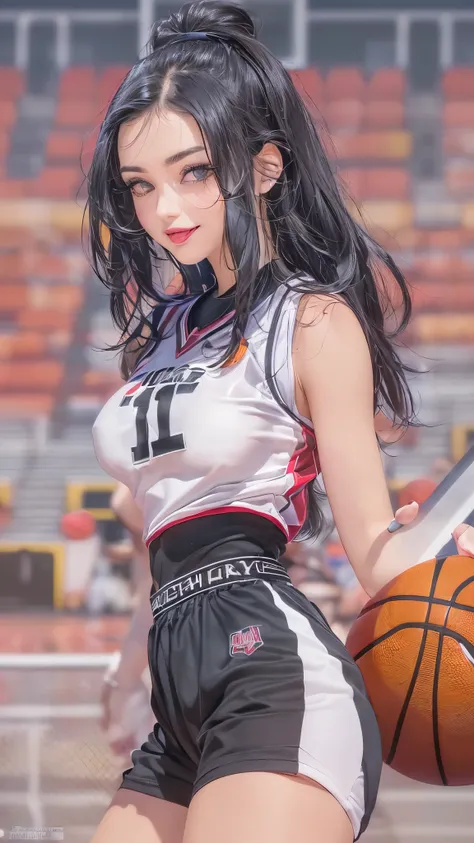 Avant-garde pop art, (((Standing on the basketball court))), amazing, best quality, vector art, stylish design, ((The most beautiful girl ever)), (((Best quality))), HDR, ((Details)), ((Masterpiece)), ((Super detailed)), ((Looking sideways, looking at the ...