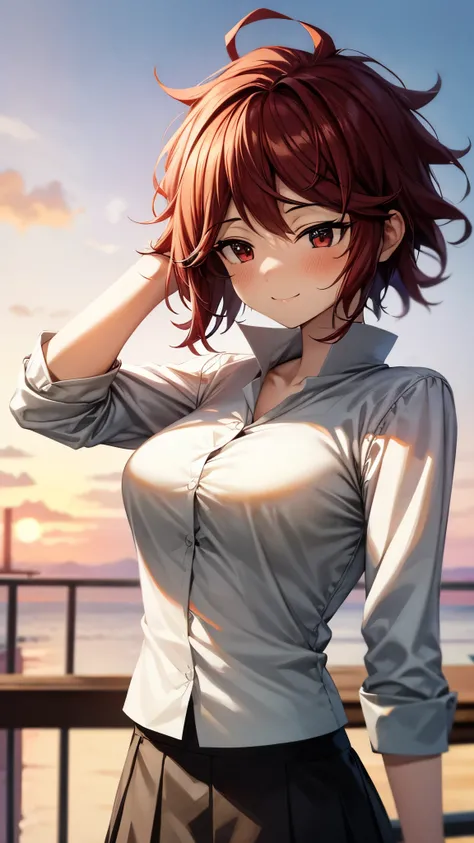 （Ultra High Quality,super high definition,16k,super masterpiece,Ultra HD ,detailed shading and background,） upper body shot from below, one woman,white shirt,胸の谷間,lattice pattern mini skirt,blush,smile,Rooftop with a sunset view,Place one hand on the side ...