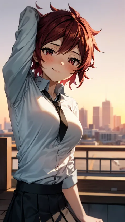 （Ultra High Quality,super high definition,16k,super masterpiece,Ultra HD ,detailed shading and background,） upper body shot from below, one woman,white shirt,胸の谷間,lattice pattern mini skirt,blush,smile,Rooftop with a sunset view,Place one hand on the side ...