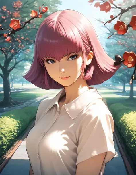 1girl, haman karn, gundam, year 2016, upper body, green park, plum blossoms, casual clothes, masterpiece, high score, great score, absurdres, 16k, super detail