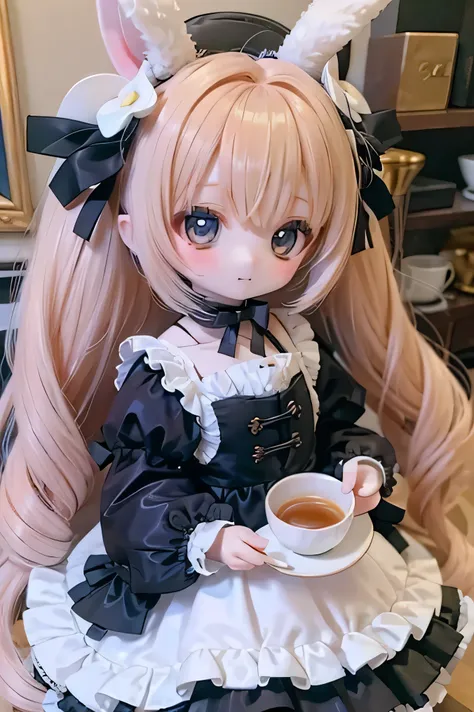 
         rabbit girl        、     chibi    、     young girl、       Tea in a tea room dressed in gothic Lolita clothes