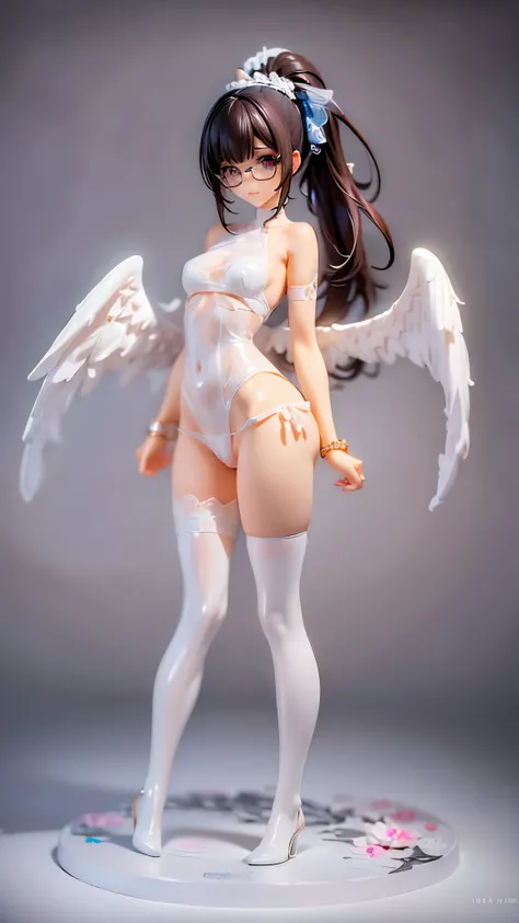 ((masterpiece, best quality)), Delicate face，goddess，little angel，Full body painting，Perfect body proportions，Ponytail long hair，Nice white eyes，Fantasy style，White background，transparent，Sex bikini，Lace，Glasses，feather，NUDE