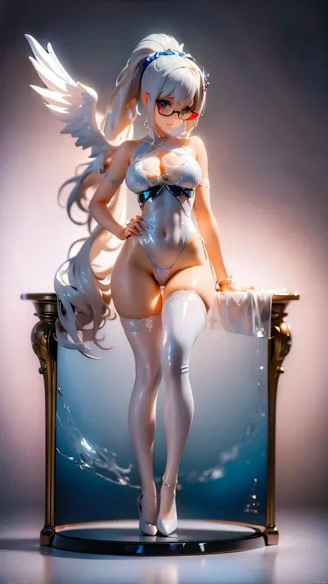 ((masterpiece, best quality)), Delicate face，goddess，little angel，Full body painting，Perfect body proportions，Ponytail long hair，Nice white eyes，Fantasy style，White background，transparent，Sex bikini，Lace，Glasses，feather，NUDE