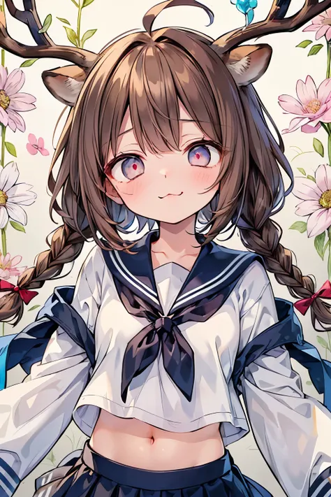 ((1-girl:1.3)),((cute girl:1.2)),((solo:1.1)),(braid hair:1.15),(ahoge:1.3),((brown hair:1.2)),((pastel marblecolor eyes:1.25)),((look stupefied:1.1)),skinny body,((sailor fashion:1.2)),((eerily glowing eyes:1.3)),((Cropped sailor:1.1)),((Navel exposed sty...