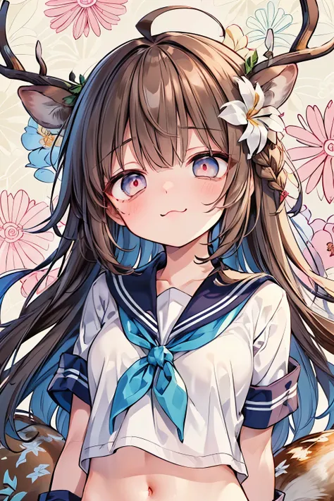 ((1-girl:1.3)),((cute girl:1.2)),((solo:1.1)),(braid hair:1.15),(ahoge:1.3),((brown hair:1.2)),((pastel marblecolor eyes:1.25)),((look stupefied:1.1)),plump breasts,skinny body,((sailor fashion:1.2)),((eerily glowing eyes:1.3)),((Cropped sailor:1.1)),((Nav...