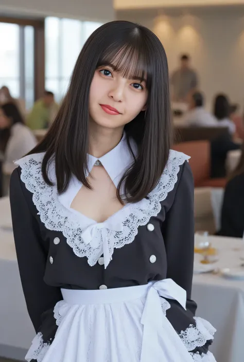 ((( High Resolution , top quality, very detailed, masterpiece , Extremely Detailed Photos , realistic , real people , ultra-detailed skin))) , by the restaurant , ( from front ) , full body , advanced shot , viewers , ( smile ) , { standing and bendin...