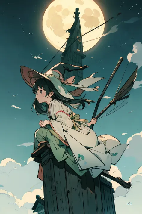        Translucent Illustration       、     Japanese anime style illustration     、    Small Shadows Seen in the Distance    、  Shadow of a Little Witch Straddling a Broom Can Be Seen in the Distance 、green、   Dynamic Angle 、   is amazing、 Highest precisio...