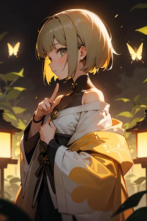 freena,1 girl,Alone, short hair,stupid hair,Young leaf-colored eyes, Lantern, Lantern,bangs, off shoulder,  clavicle, Chest, viewers next to him, perfect finger,  showing sides， life energy ，butterfly