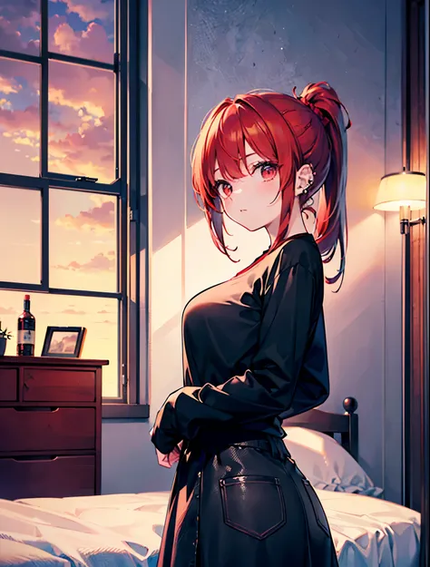 realistic,Highest quality, Super Detail, high quality CG rendering,  THE MOST DELICATE AND BEAUTIFUL , Hi-Res, ( female 1), (Highest quality,4K,8k,masterpiece:1.2), (Bright Red Hair:1.5),(ponytail:1.5),(red eyes:1.5),(black long sleeve t-shirt:1.3),(black ...