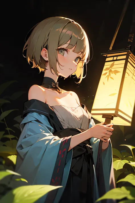 freena,1 girl,Alone, short hair,stupid hair,Young leaf-colored eyes, Lantern, Lantern,bangs, off shoulder,  clavicle, Chest, viewers next to him, showing sides， life energy ，butterfly