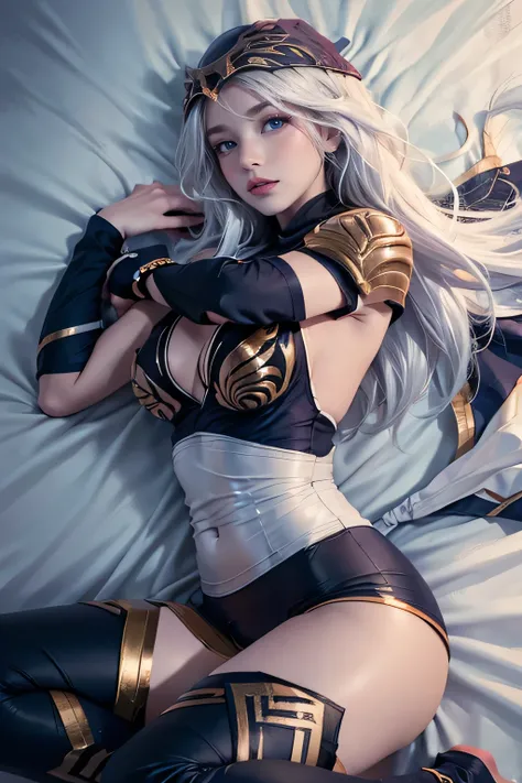 how you lie down and spread your legs after being defeated by an enemy,photo taken above,Emphasize the angle of the hips,Strong Thighs ,League of Legends ash,Leotide,Leggings,Dekiyin,Sexy bass print,nipple print,Wandering,the failure when your arms are tie...