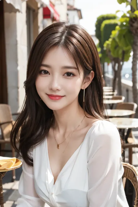 masterpiece、 best quality、Genuine、 Very detailed、Subtle details、 high definition 、8k wallpaper、 beautiful woman、smile、blouse、、 on a nice cafe terrace、noon、  pale brown hair 、 Hairstyle Shortcut 、 perfect dynamic configuration、 、 in the ear、necklaces
